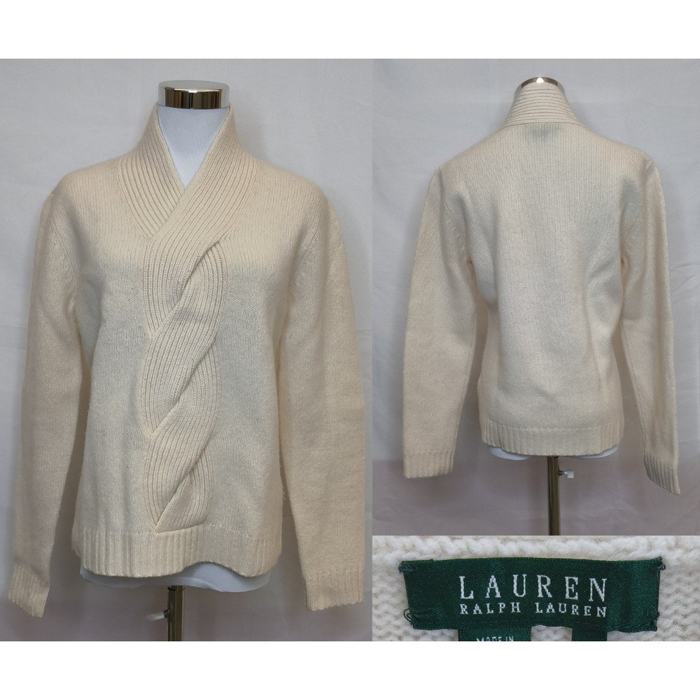 Lauren by Ralph Lauren Lambs Wool Sweater Women's M Ivory Knit V-Neck #W4878